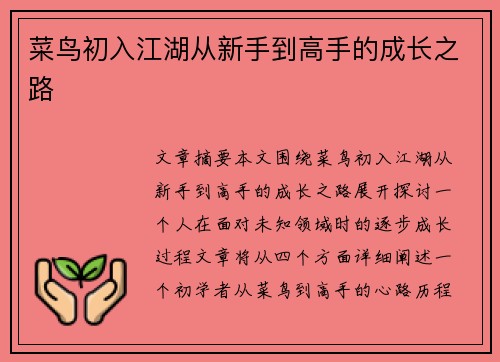 菜鸟初入江湖从新手到高手的成长之路 菜鸟初入江湖从新手到高手的成长之路